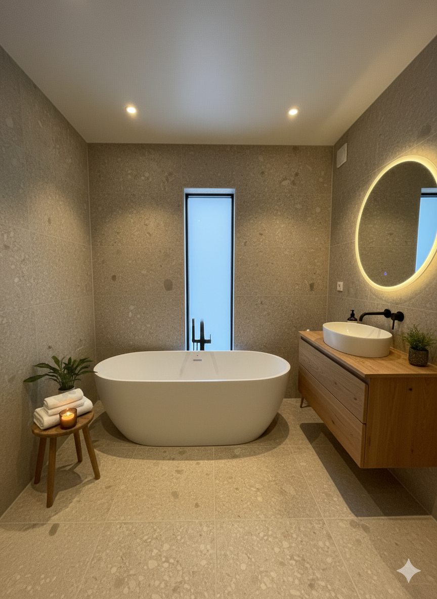 Badrumsrenovering Säffle – minimalistiskt badrum med natursten