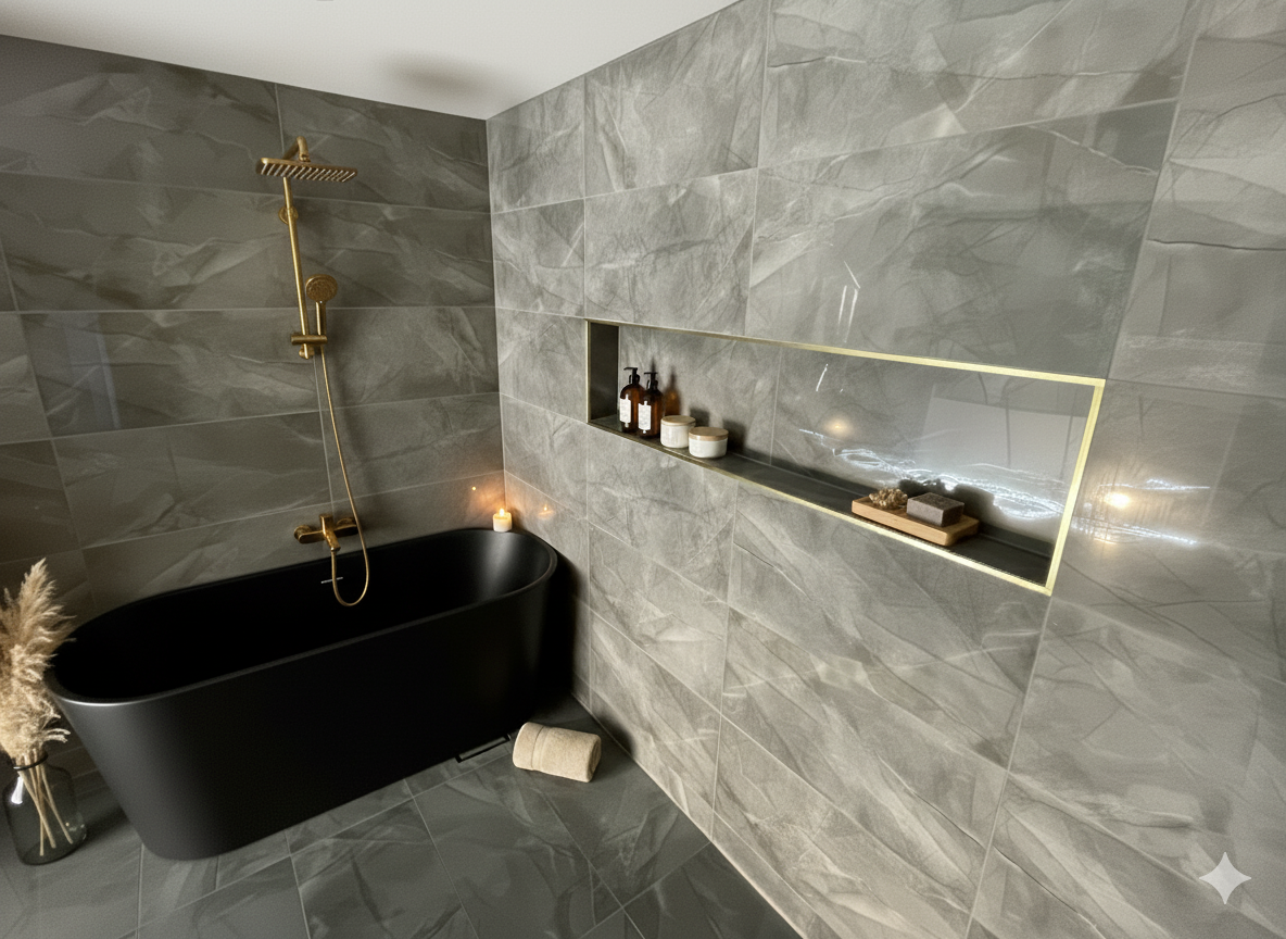 Lyxigt badrum i Karlstad – marmor, guld-detaljer och varm belysning av Bristol Badrum & Bygg
