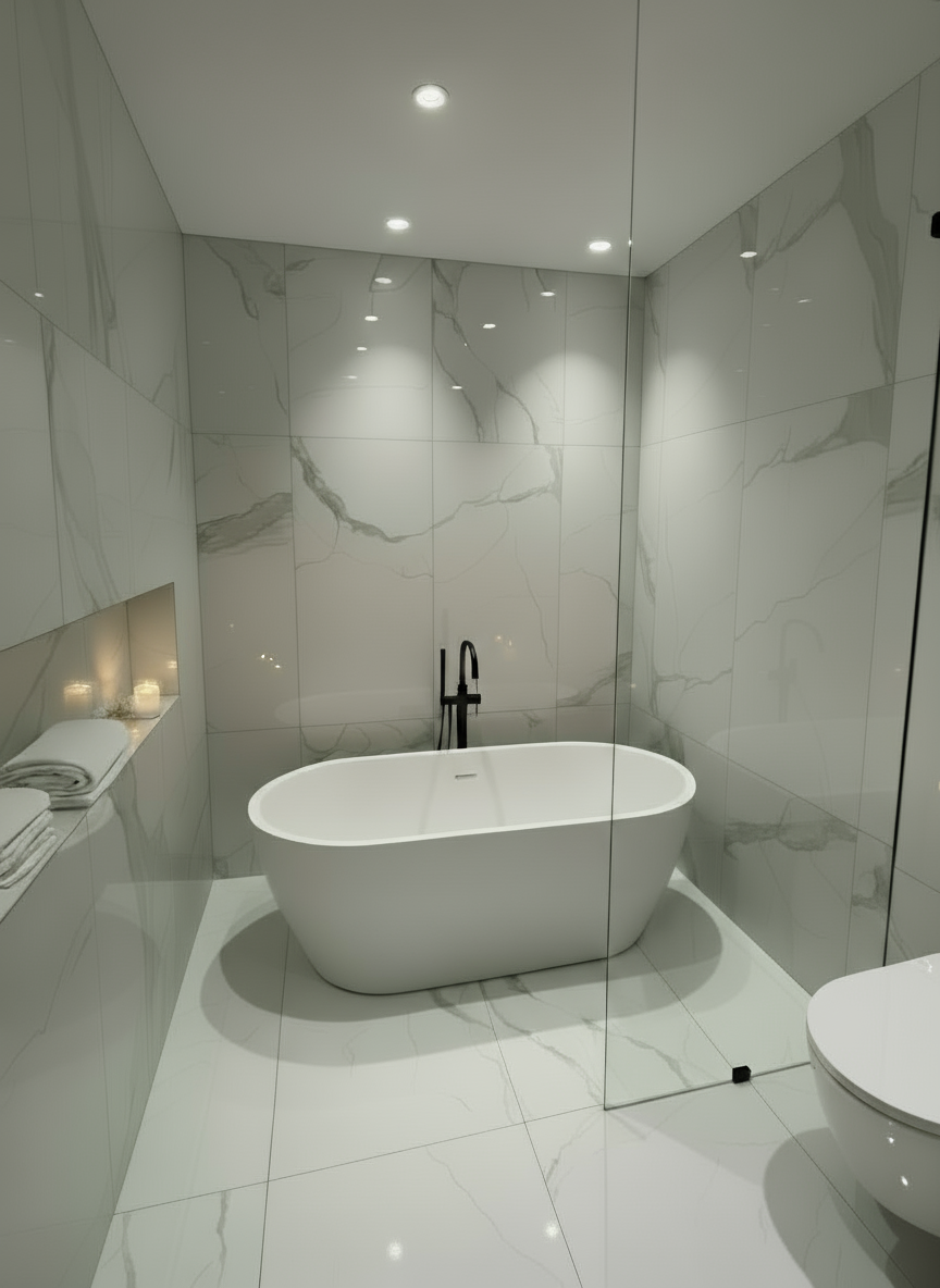 Badrumsrenovering. Skandinaviskt badrum med marmorkakel – Bristol Badrum & Bygg Karlstad.
