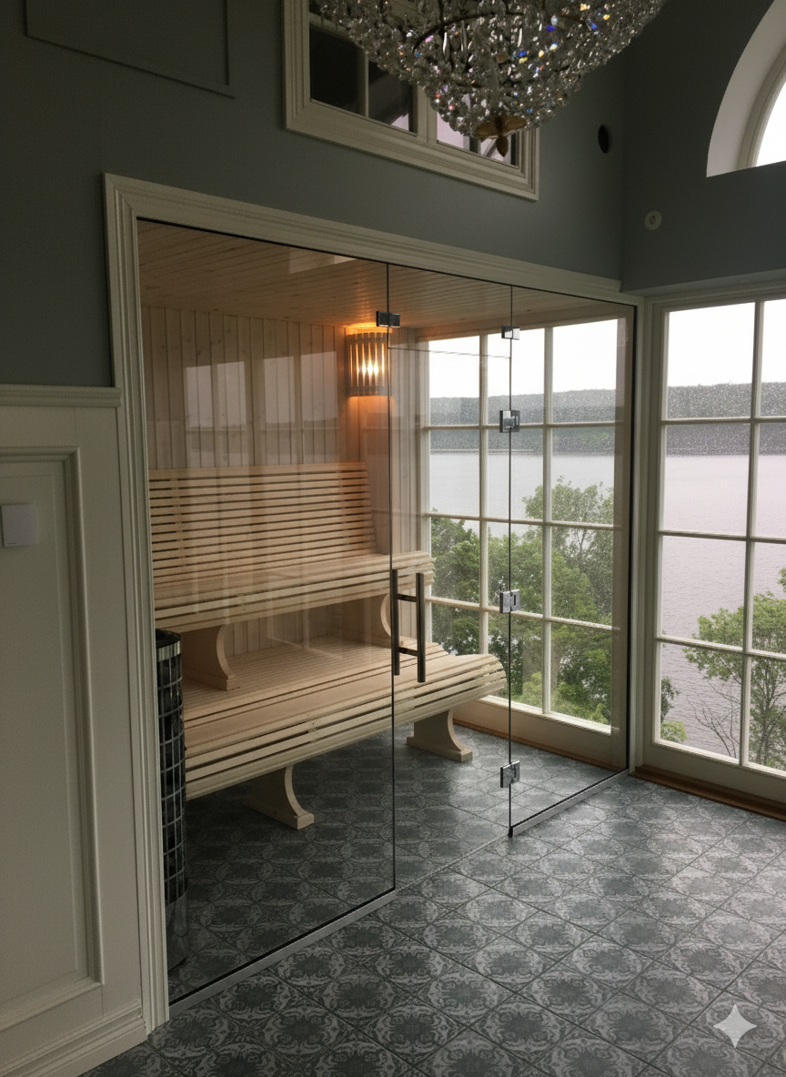 Modern bastu i glas och trä med sjöutsikt – byggd av Bristol Badrum & Bygg.